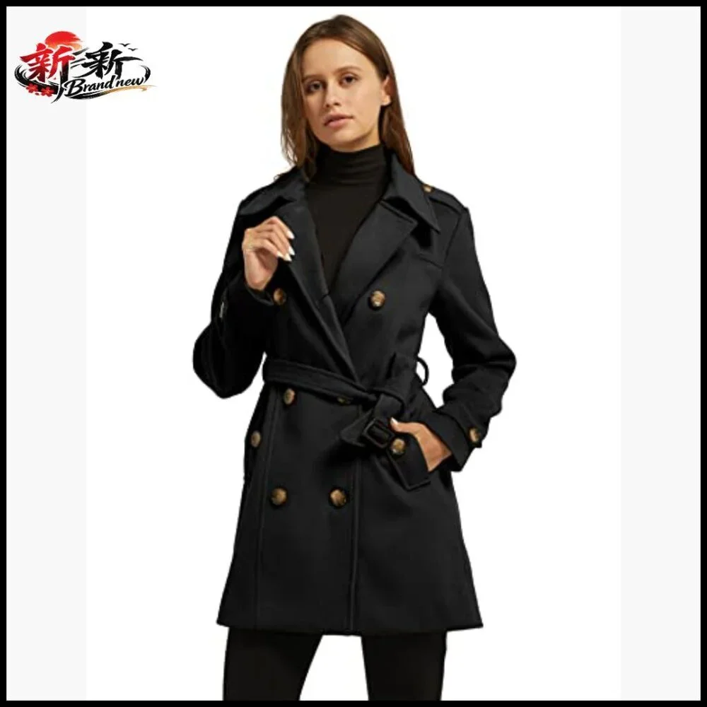 Double Breasted Pea Coat with Belt, Windproof Winter Trench Coat